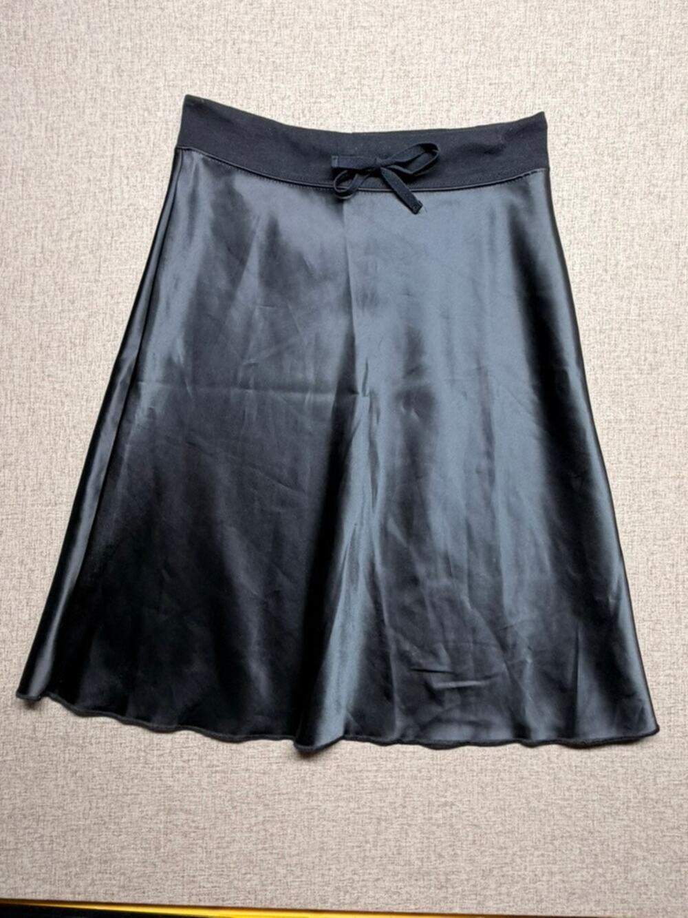 Vintage Hollywood Studio Black Satin Midi Skirt Small 90s Drawstring A-Line